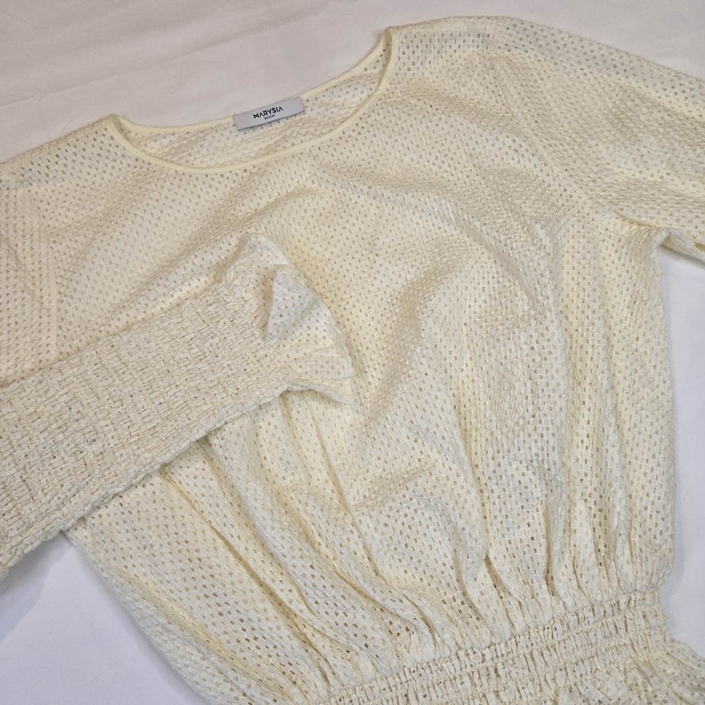Marysia Resort Smocked Sleeve and‎ Waist Long Sleeve Linen Top Cream Size Small